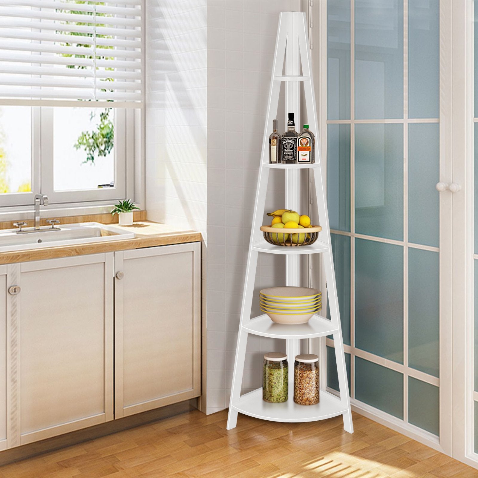 5-Tier Modern Corner Bookcase Shelf with Strong Wooden Frame, White Bookcases   at Gallery Canada