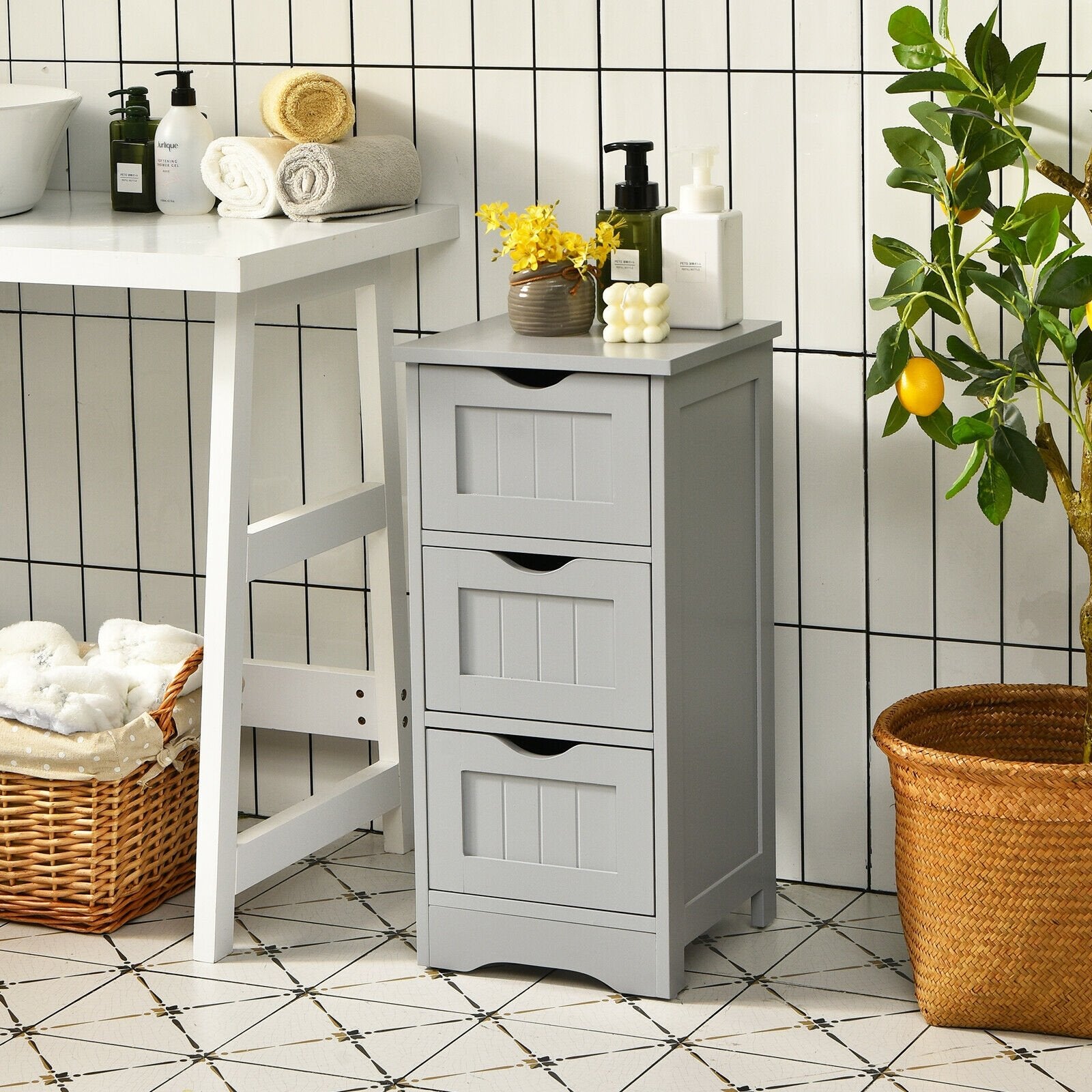 Bathroom Wooden Free Standing Storage Side Floor Cabinet Organizer-3-Tier., Gray Floor Cabinets   at Gallery Canada