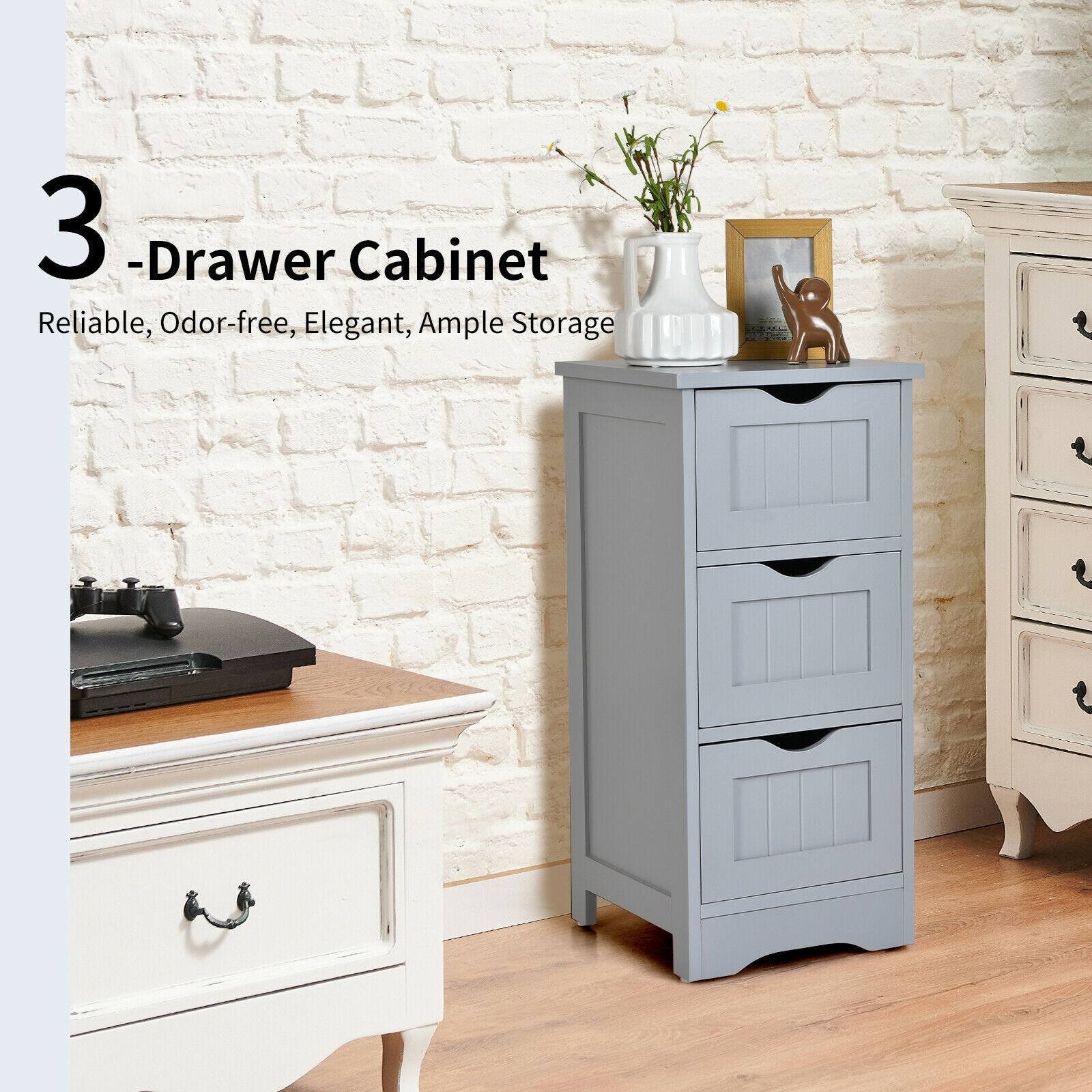 Bathroom Wooden Free Standing Storage Side Floor Cabinet Organizer-3-Tier., Gray Floor Cabinets   at Gallery Canada