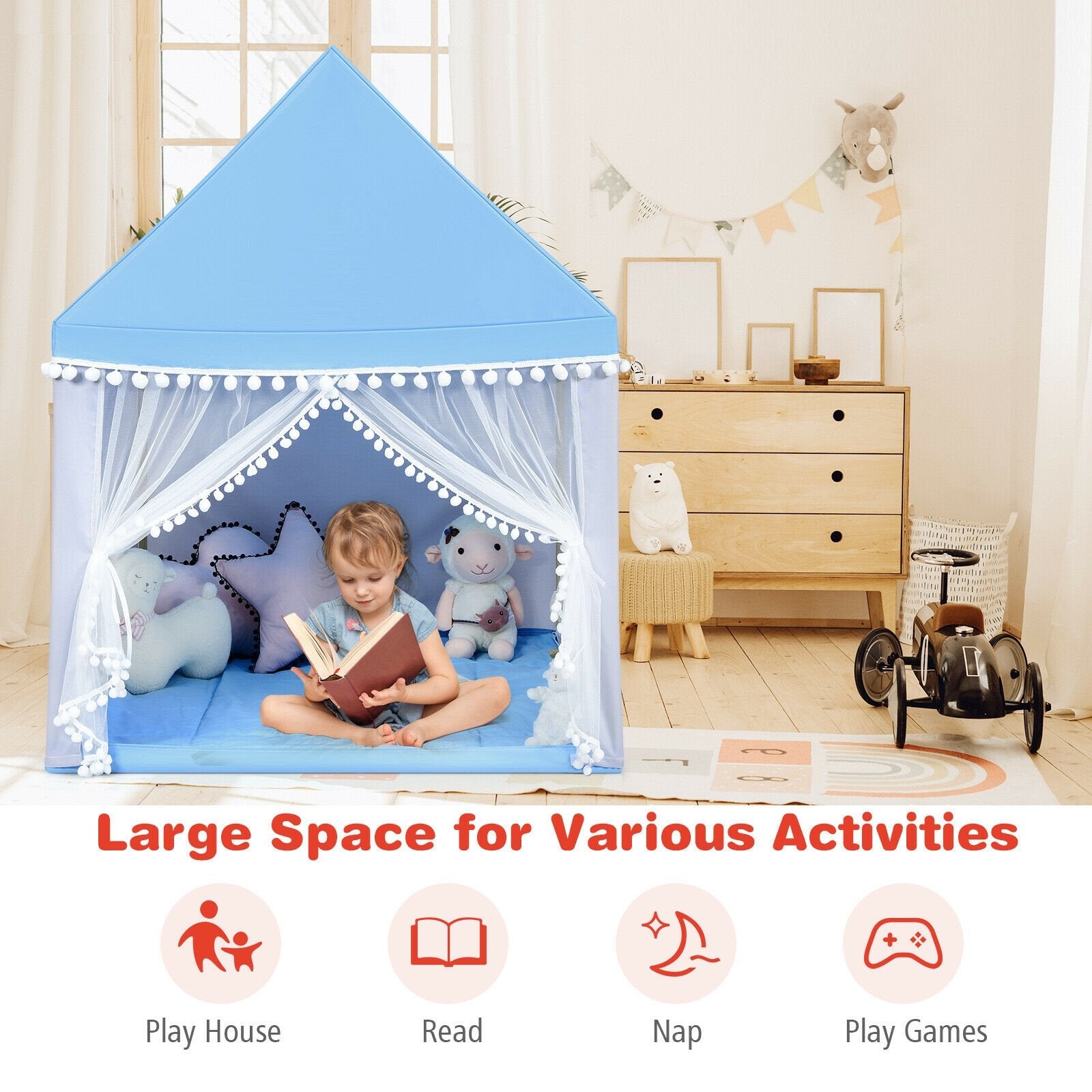 Kids Play Tent Large Playhouse Children Play Castle Fairy Tent Gift with Mat, Blue Play Tents & Playhouse   at Gallery Canada