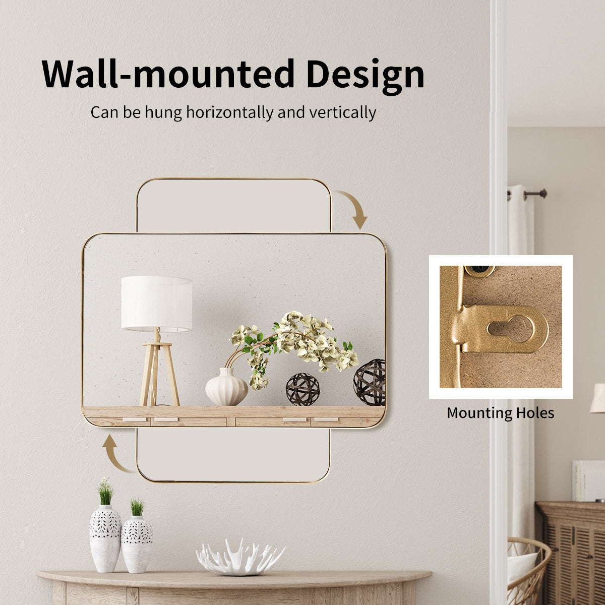 32 Inch x 20 Inch Metal Frame Wall-Mounted Rectangle Mirror, Golden Wall Mirrors   at Gallery Canada