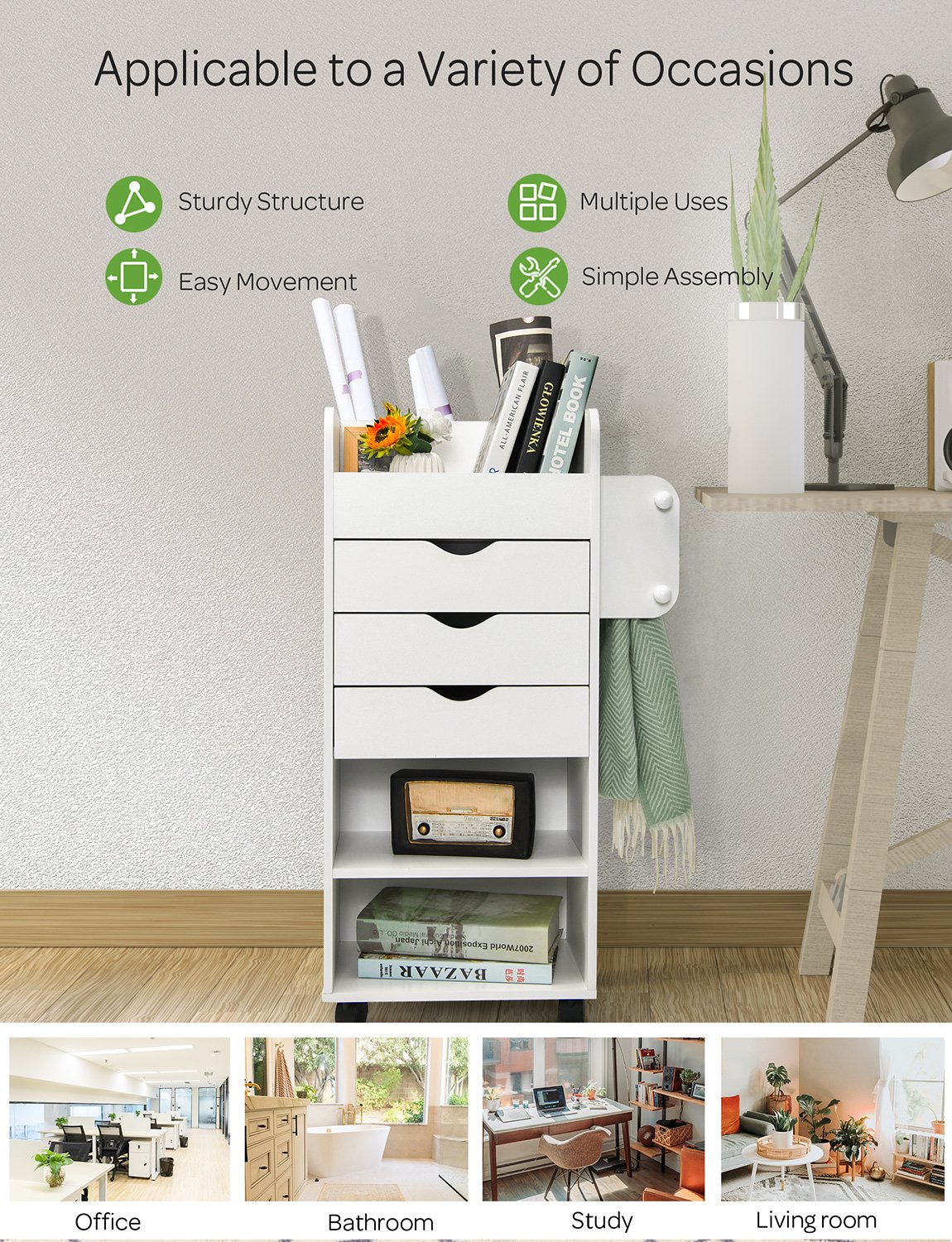 Wooden Utility Rolling Craft Storage Cart, White File Cabinets   at Gallery Canada