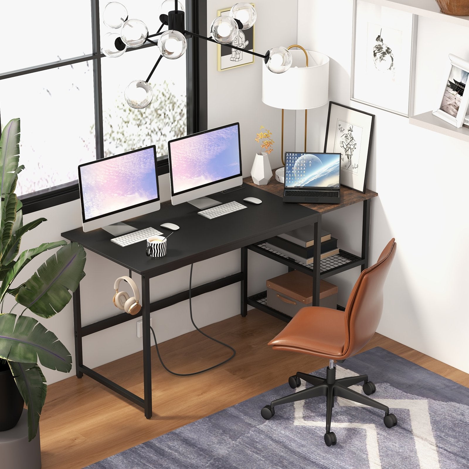 59 Inch Home Office Computer Desk with Removable Storage Shelves, Black - Gallery Canada