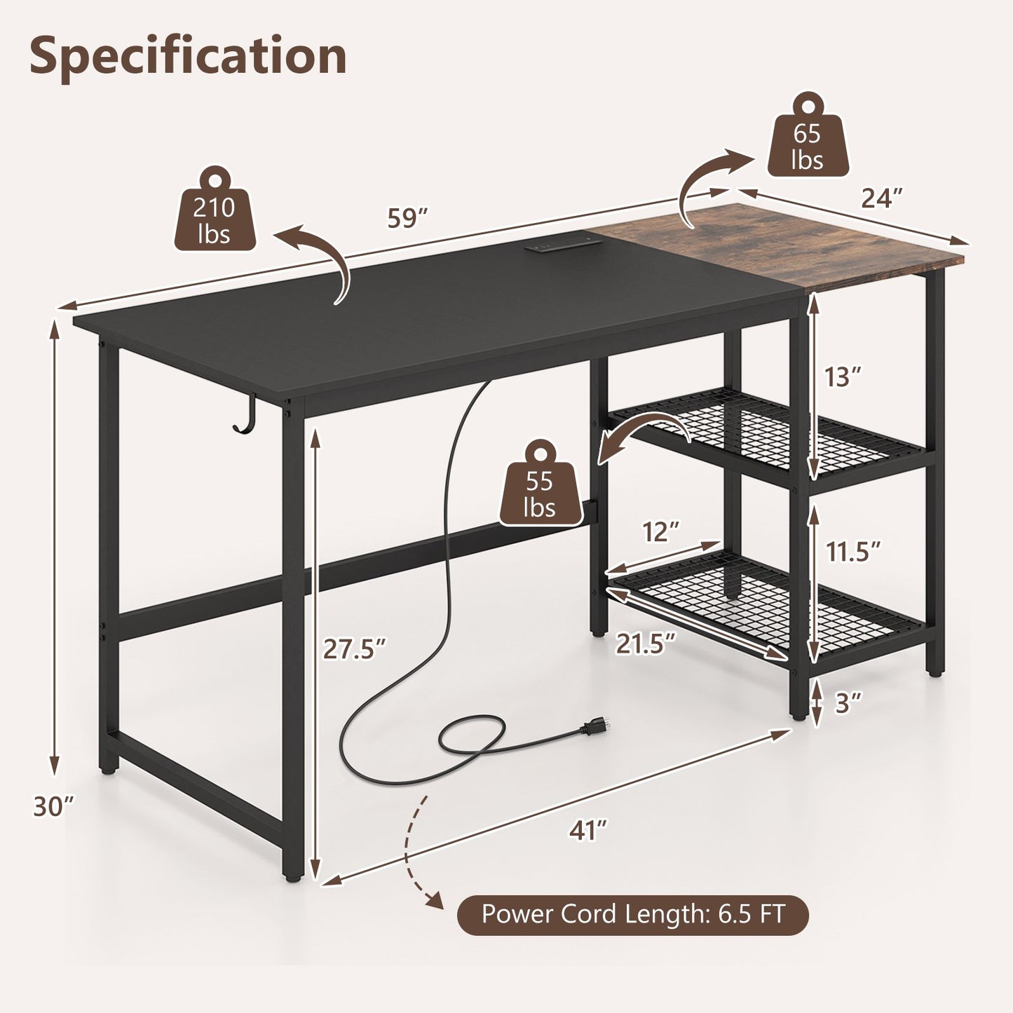 59 Inch Home Office Computer Desk with Removable Storage Shelves, Black Computer Desks   at Gallery Canada