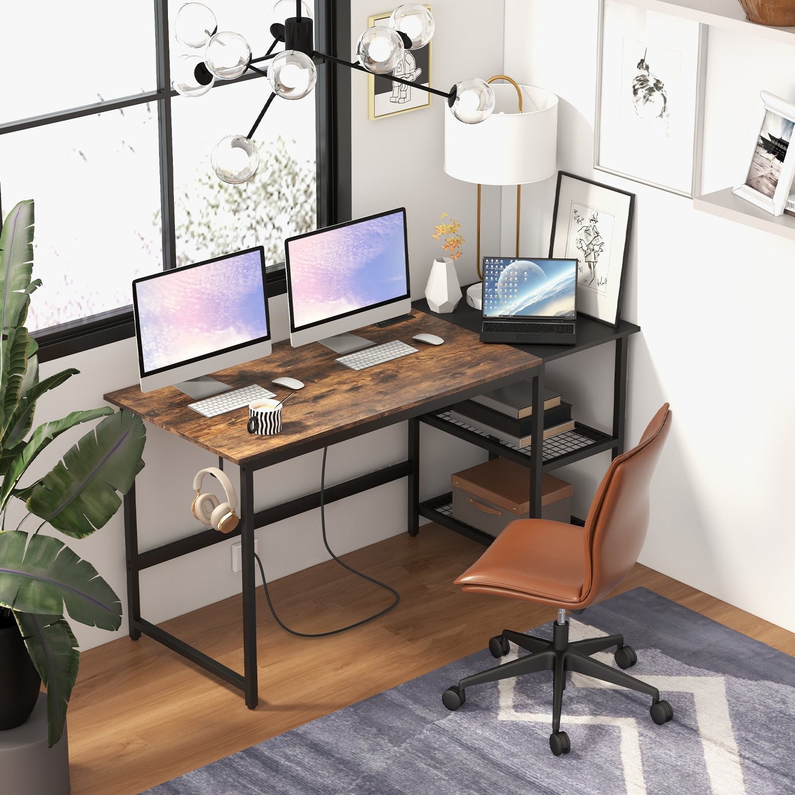 59 Inch Home Office Computer Desk with Removable Storage Shelves, Rustic Brown Computer Desks   at Gallery Canada