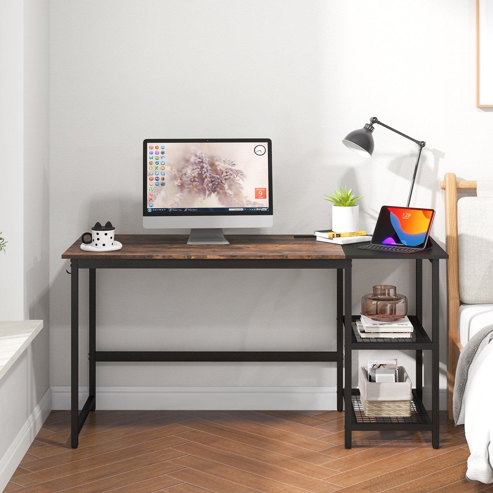 59 Inch Home Office Computer Desk with Removable Storage Shelves, Rustic Brown Computer Desks   at Gallery Canada