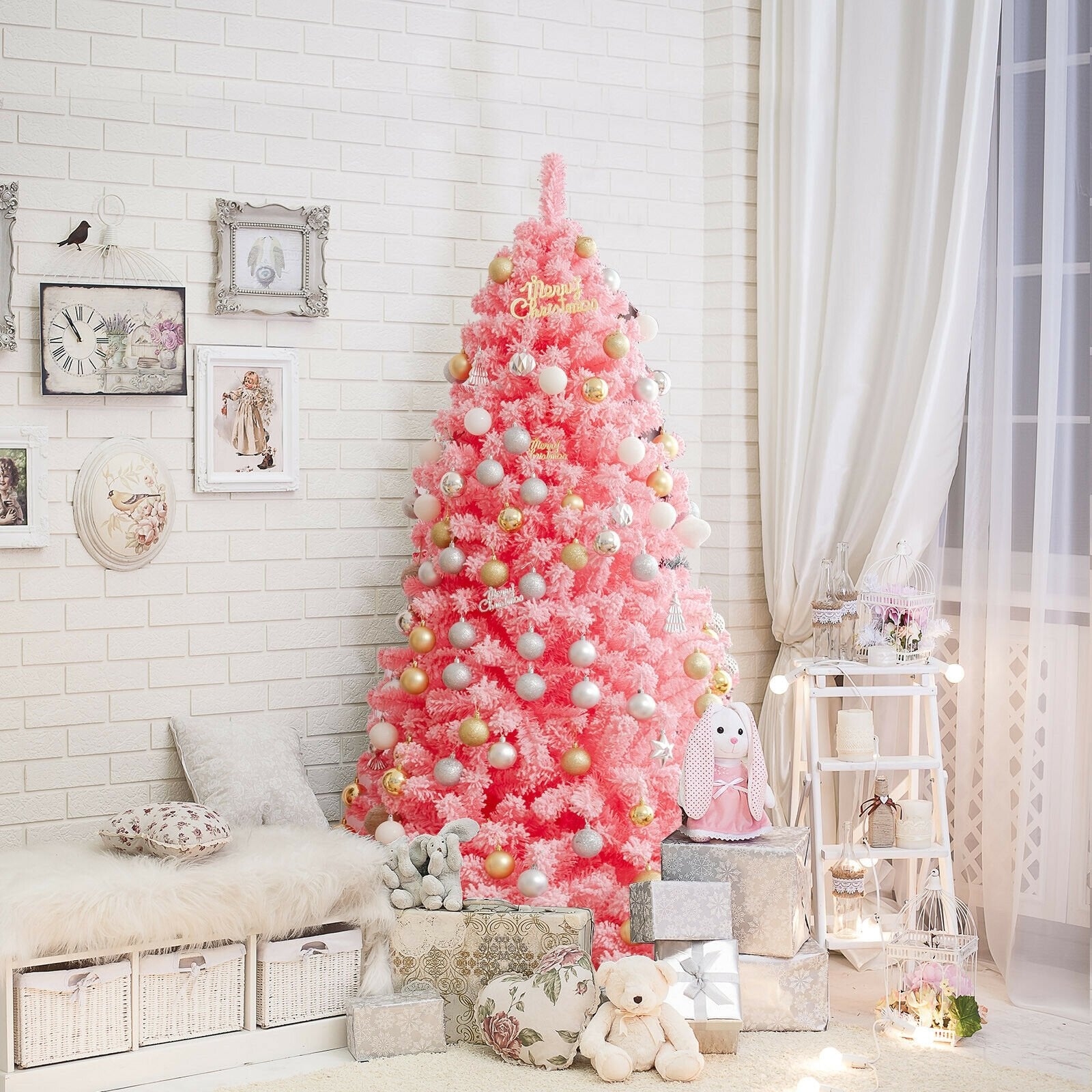 Pink Christmas Tree with Snow Flocked PVC Tips and Metal Stand-6.5 ft, Pink - Gallery Canada