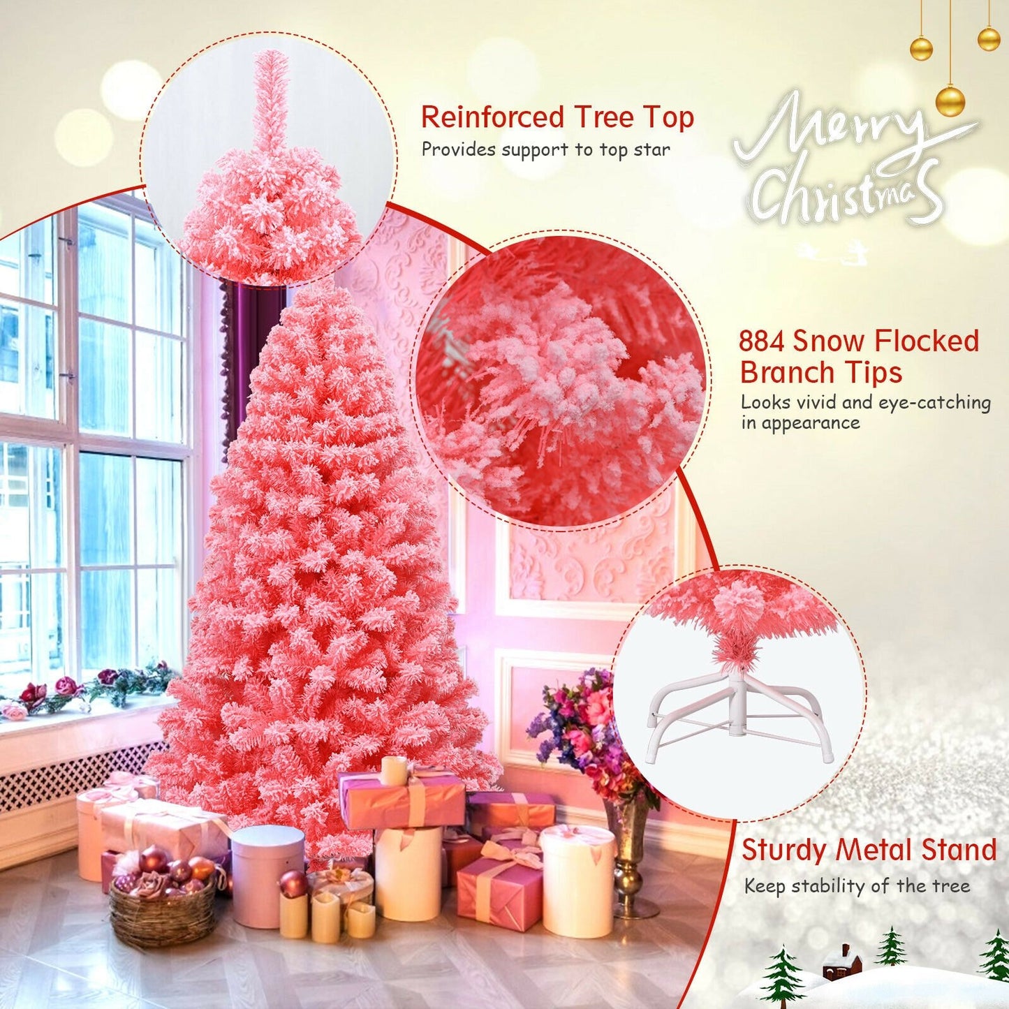 Pink Christmas Tree with Snow Flocked PVC Tips and Metal Stand-6.5 ft, Pink - Gallery Canada