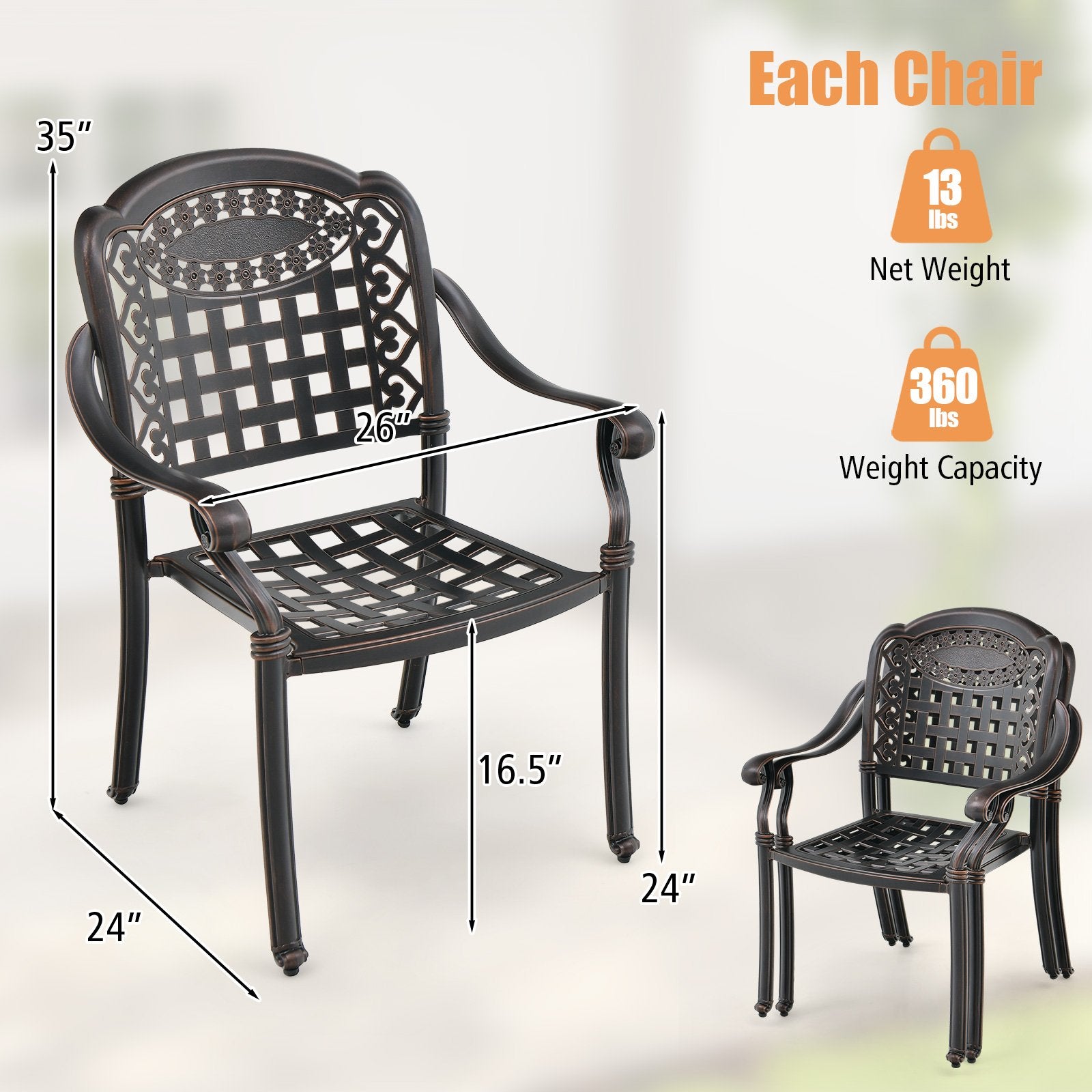 Set of 2 Cast Aluminum Patio Chairs with Armrests, Brown Patio Dining Chairs   at Gallery Canada