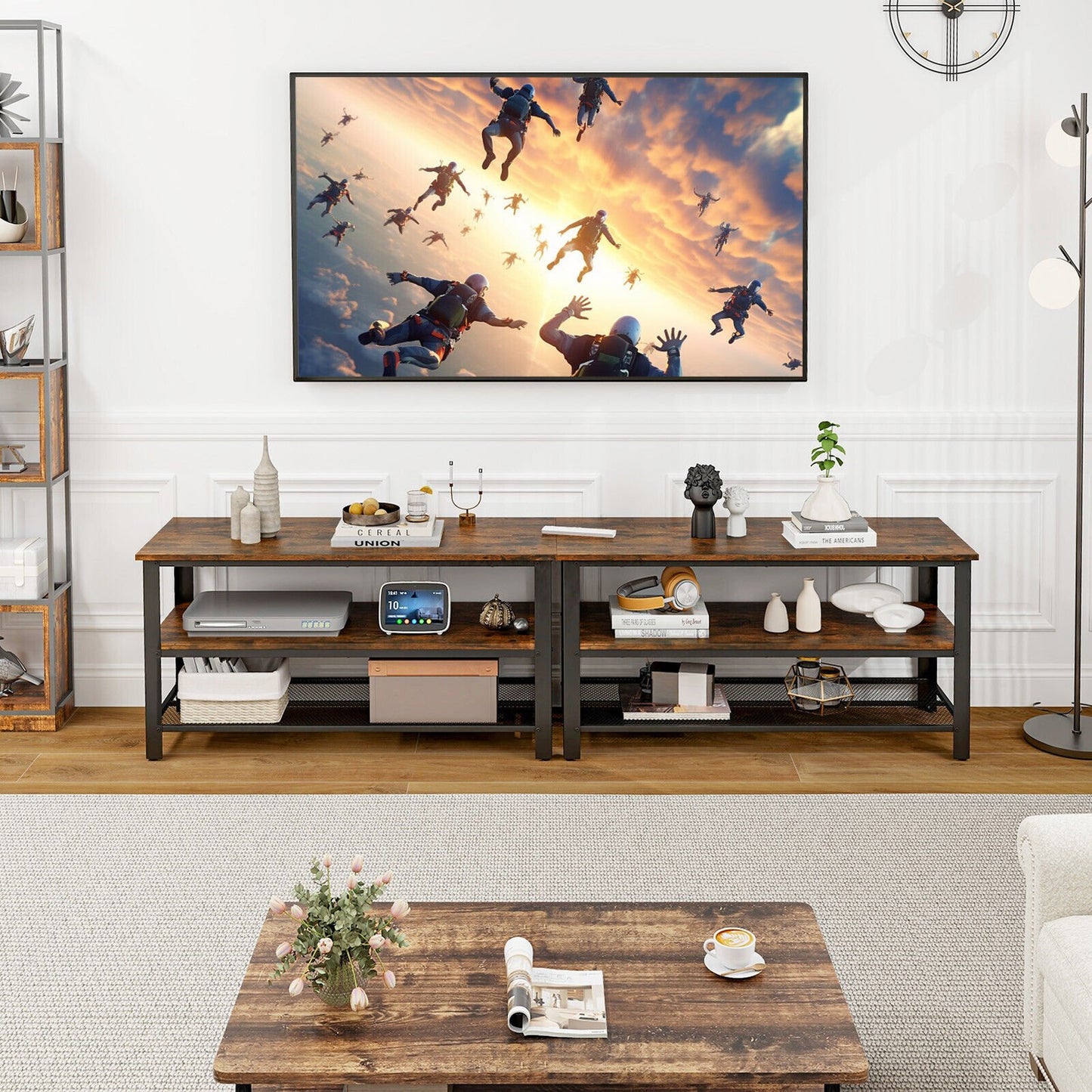 3-Tier Industrial Entertainment TV Stand with Metal Mesh Shelf, Brown - Gallery Canada