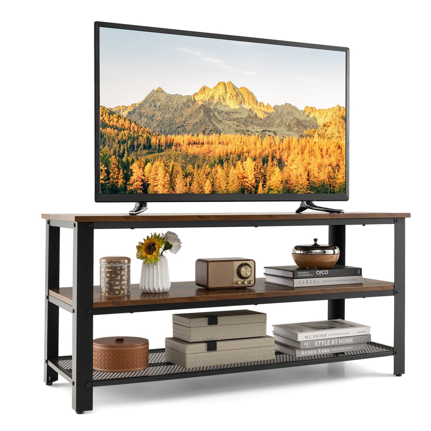 3-Tier Industrial Entertainment TV Stand with Metal Mesh Shelf, Brown - Gallery Canada
