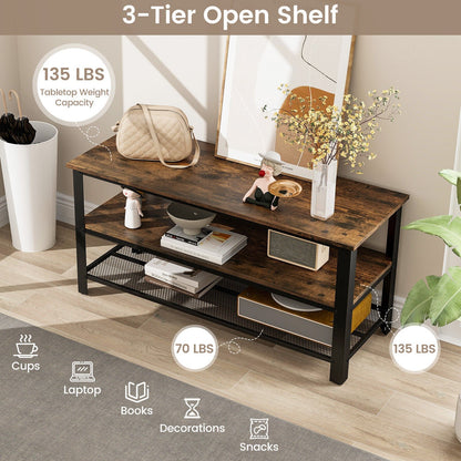 3-Tier Industrial Entertainment TV Stand with Metal Mesh Shelf, Brown - Gallery Canada