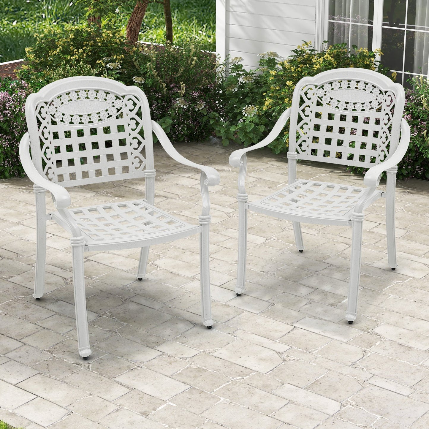 Set of 2 Cast Aluminum Patio Chairs with Armrests, White Patio Dining Chairs   at Gallery Canada