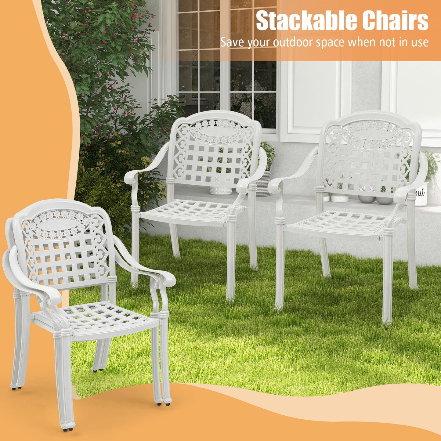 Set of 2 Cast Aluminum Patio Chairs with Armrests, White Patio Dining Chairs   at Gallery Canada