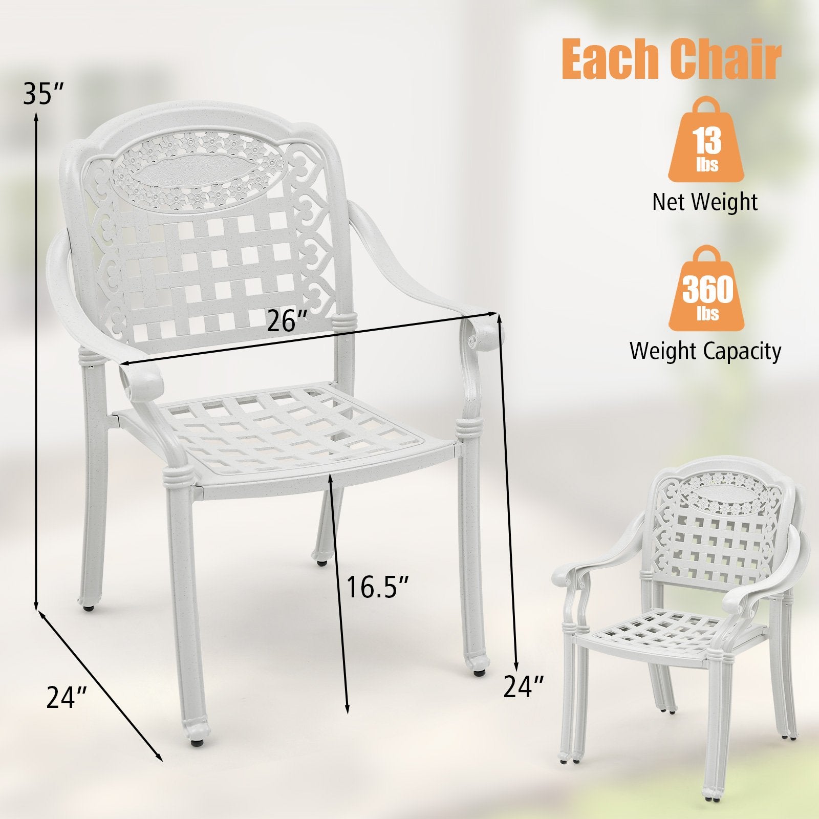 Set of 2 Cast Aluminum Patio Chairs with Armrests, White Patio Dining Chairs   at Gallery Canada