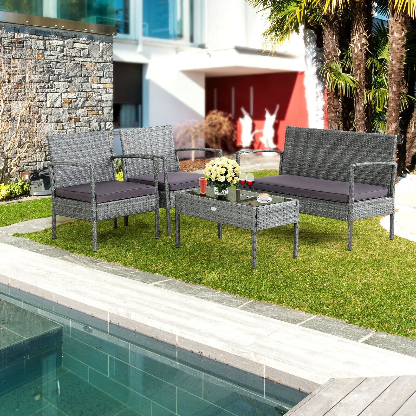 4 Pieces Outdoor Rattan Conversation Set with Comfortable Cushion, Gray - Gallery Canada