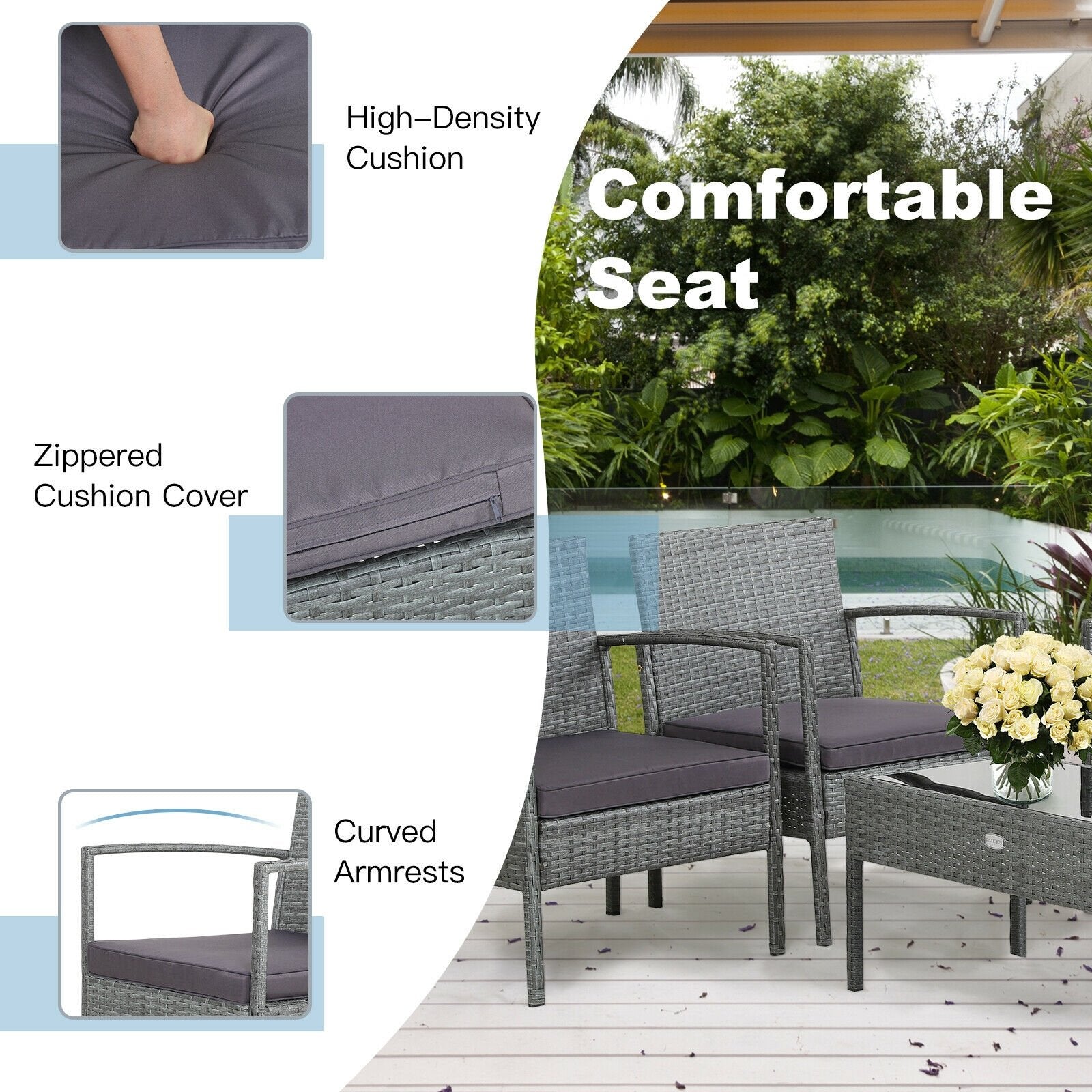 4 Pieces Outdoor Rattan Conversation Set with Comfortable Cushion, Gray - Gallery Canada