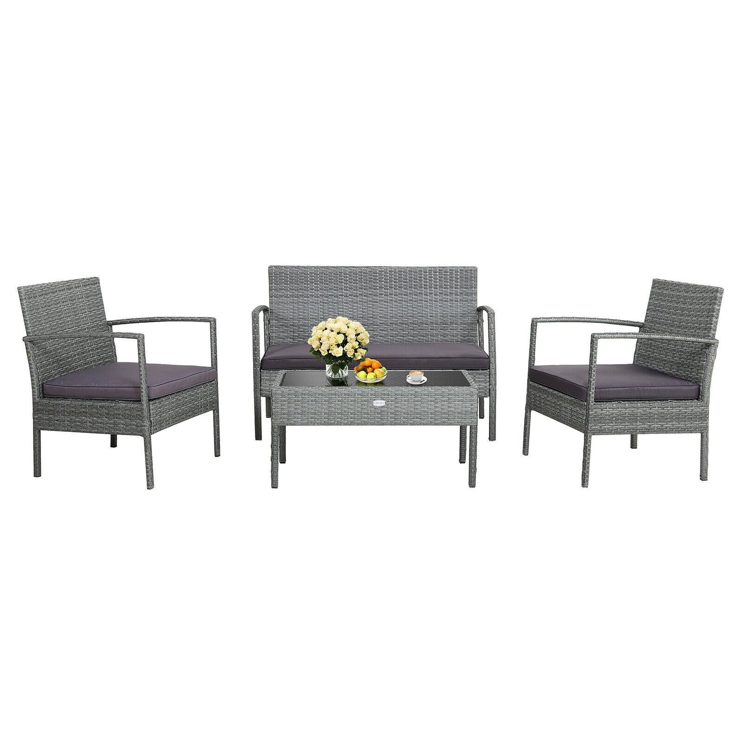 4 Pieces Outdoor Rattan Conversation Set with Comfortable Cushion, Gray - Gallery Canada