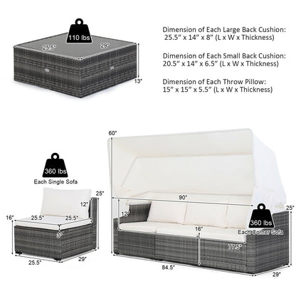 6 Pieces Patio Rattan Furniture Set with Retractable Canopy, Gray Outdoor Sectionals   at Gallery Canada