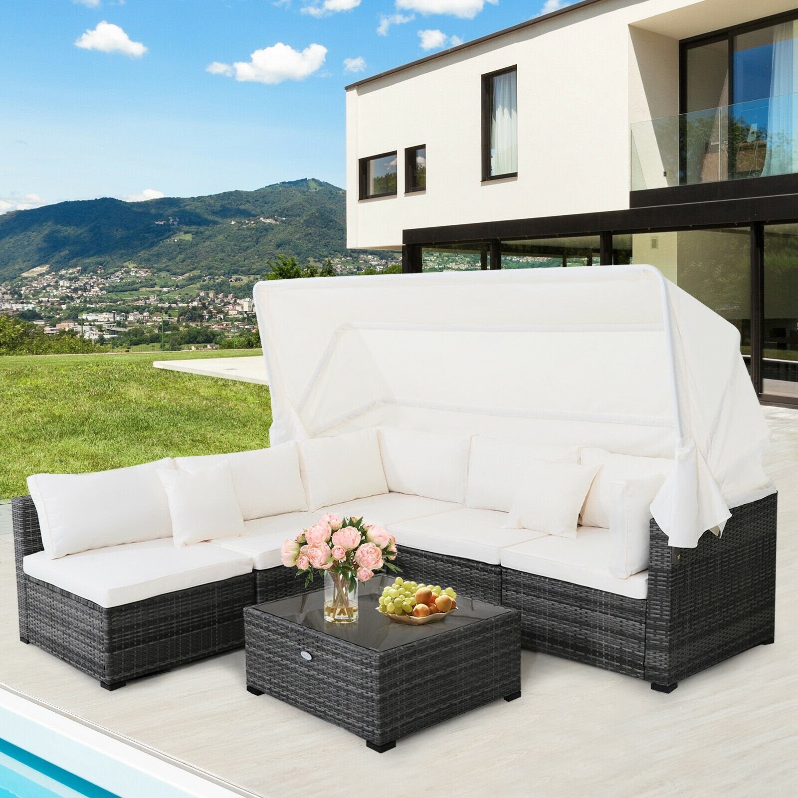 6 Pieces Patio Rattan Furniture Set with Retractable Canopy, Gray Outdoor Sectionals   at Gallery Canada