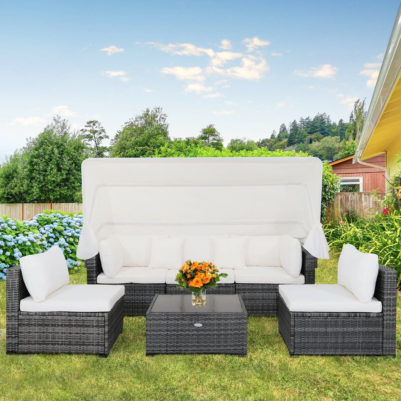 6 Pieces Patio Rattan Furniture Set with Retractable Canopy, Gray Outdoor Sectionals   at Gallery Canada