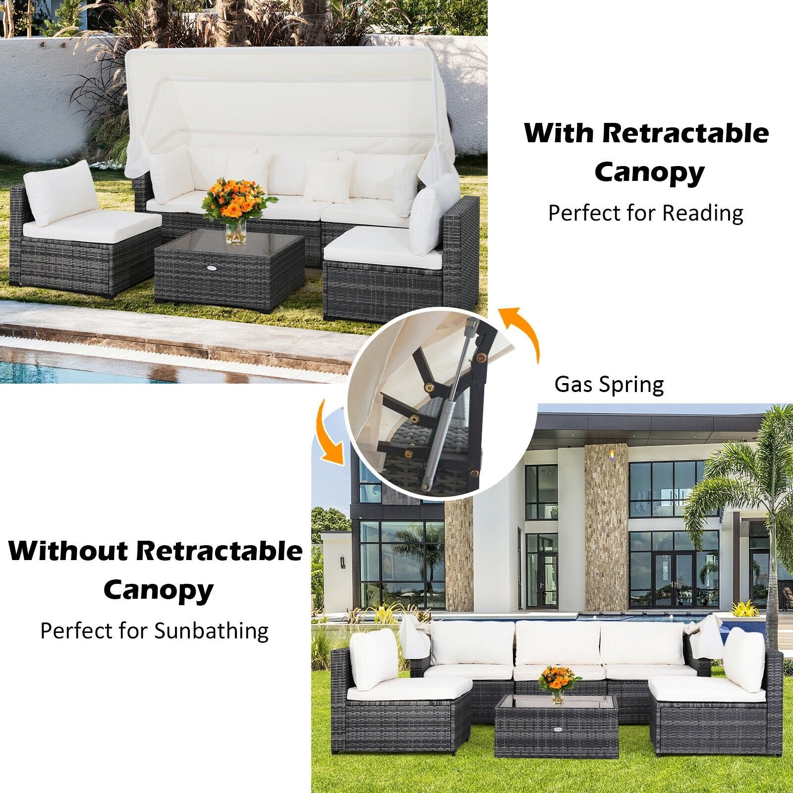 6 Pieces Patio Rattan Furniture Set with Retractable Canopy, Gray Outdoor Sectionals   at Gallery Canada