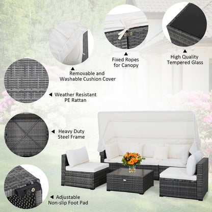 6 Pieces Patio Rattan Furniture Set with Retractable Canopy, Gray Outdoor Sectionals   at Gallery Canada