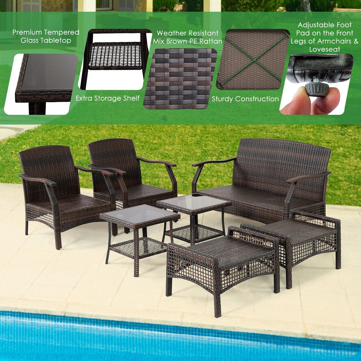 7 Pieces Outdoor Patio Furniture Set with Waterproof Cover, Espresso Patio Conversation Sets   at Gallery Canada