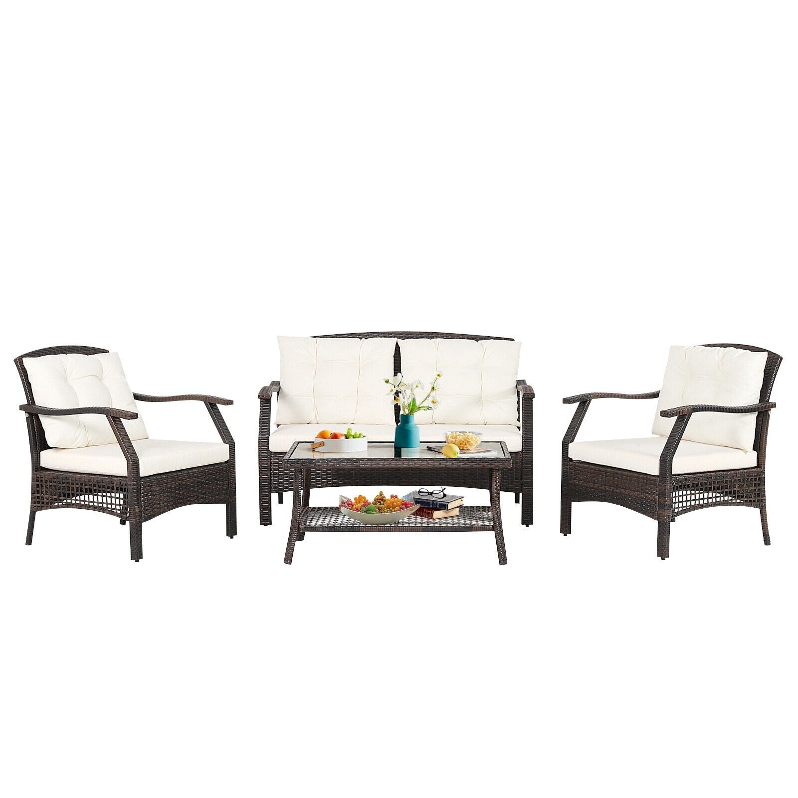 4 Pieces Outdoor Rattan Conversation Set with Protective Cover, Espresso Patio Conversation Sets   at Gallery Canada