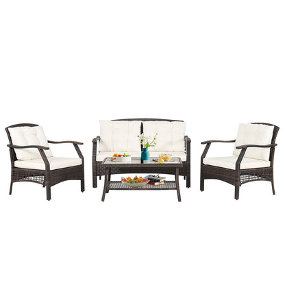 4 Pieces Outdoor Rattan Conversation Set with Protective Cover, Espresso Patio Conversation Sets   at Gallery Canada