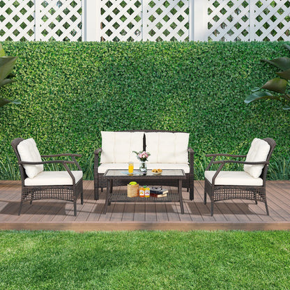 4 Pieces Outdoor Rattan Conversation Set with Protective Cover, Espresso Patio Conversation Sets   at Gallery Canada