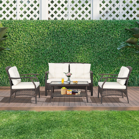 4 Pieces Outdoor Rattan Conversation Set with Protective Cover, Espresso - Gallery Canada