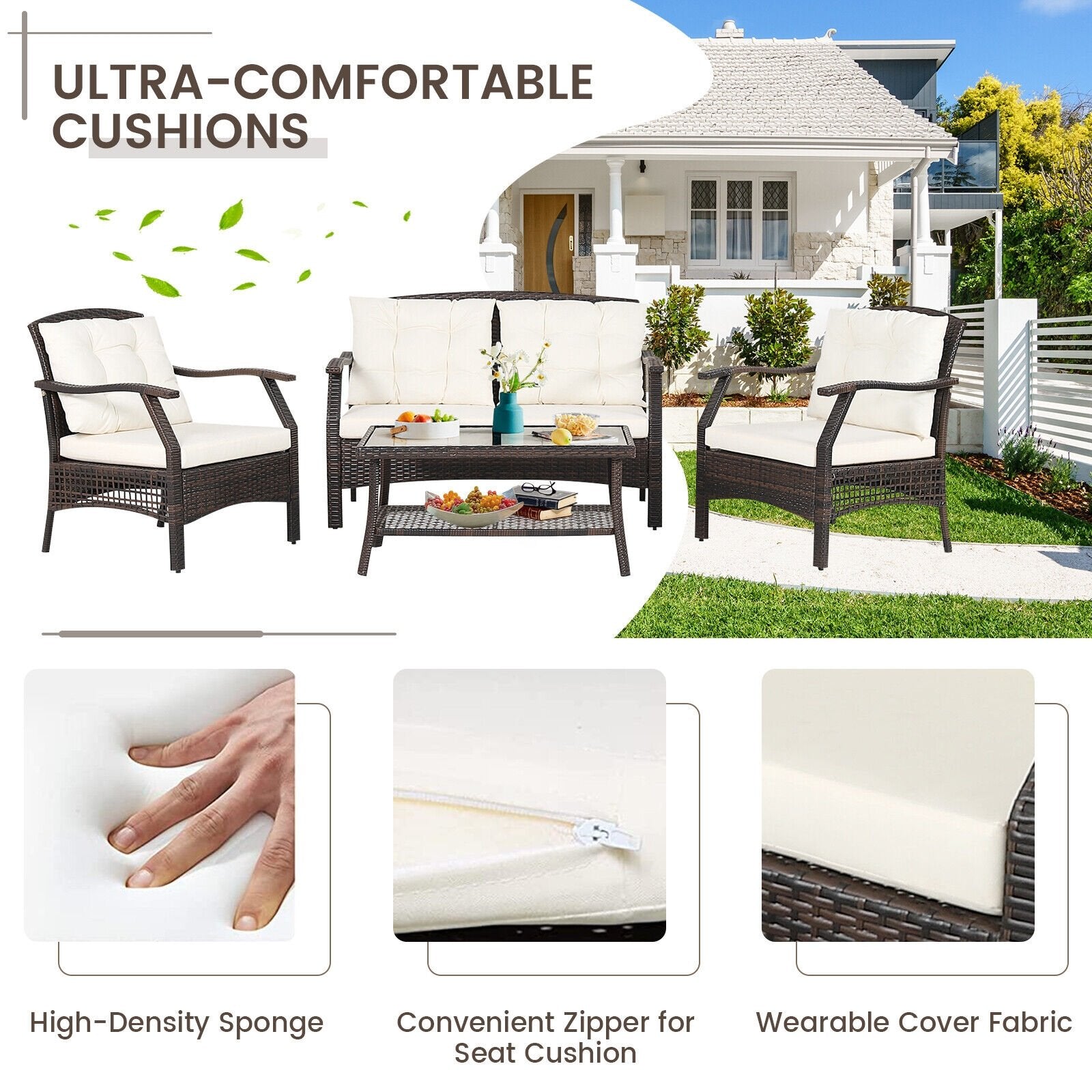 4 Pieces Outdoor Rattan Conversation Set with Protective Cover, Espresso Patio Conversation Sets   at Gallery Canada