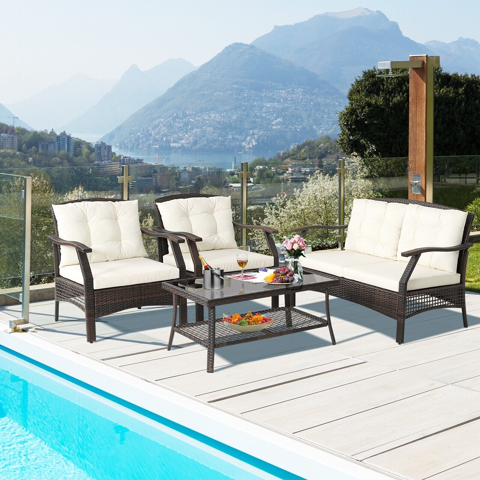 4 Pieces Outdoor Rattan Conversation Set with Protective Cover, Espresso Patio Conversation Sets   at Gallery Canada