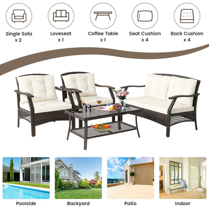 4 Pieces Outdoor Rattan Conversation Set with Protective Cover, Espresso Patio Conversation Sets   at Gallery Canada