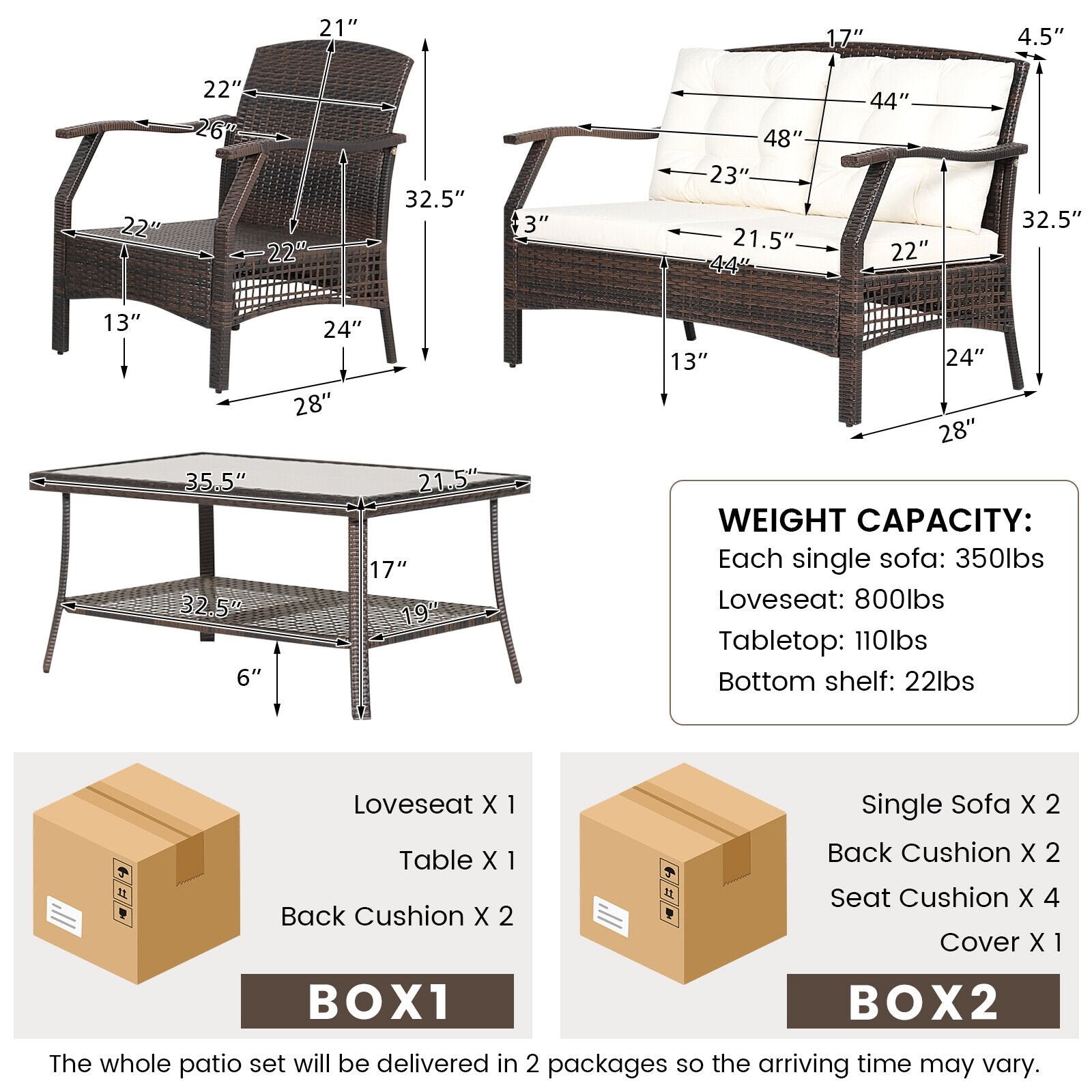 4 Pieces Outdoor Rattan Conversation Set with Protective Cover, Espresso Patio Conversation Sets   at Gallery Canada