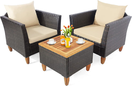 3 Pieces Patio Rattan Bistro Furniture Set with Wooden Table Top, Brown