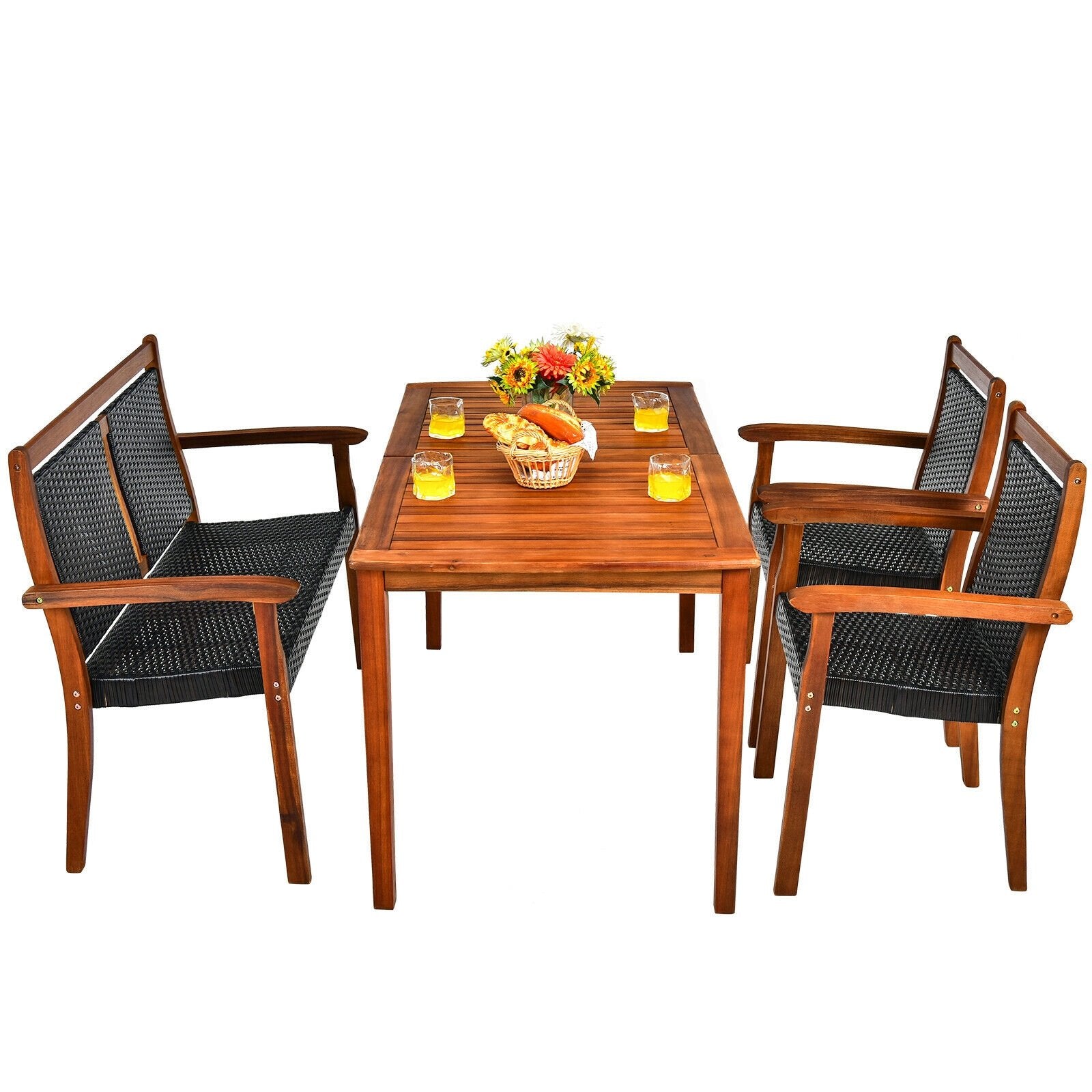 4 Pieces Acacia Wood Patio Rattan Dining Furniture Set, Brown Patio Dining Sets   at Gallery Canada