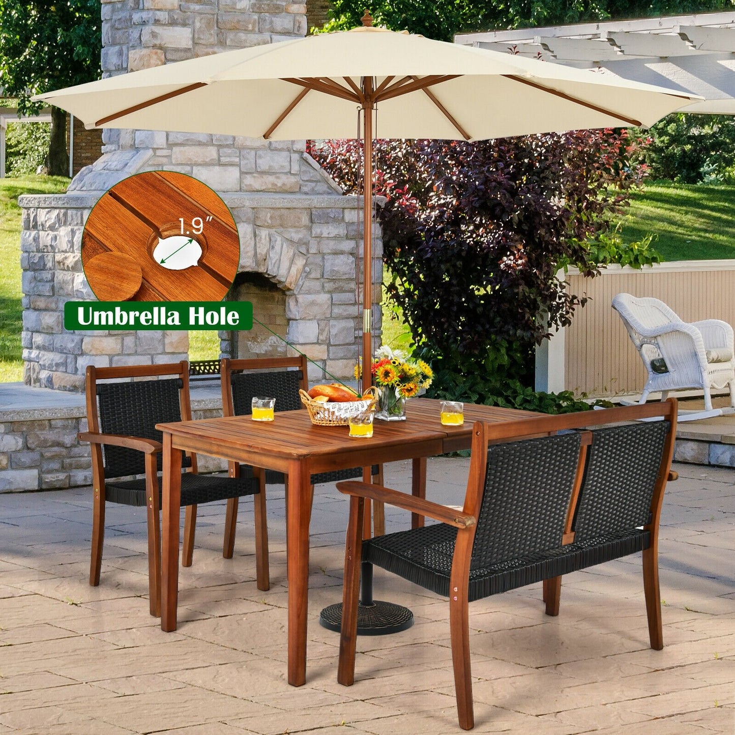 4 Pieces Acacia Wood Patio Rattan Dining Furniture Set, Brown Patio Dining Sets   at Gallery Canada