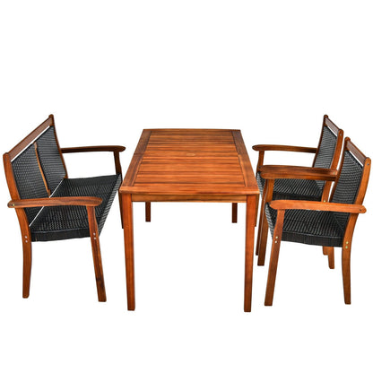 4 Pieces Acacia Wood Patio Rattan Dining Furniture Set, Brown Patio Dining Sets   at Gallery Canada