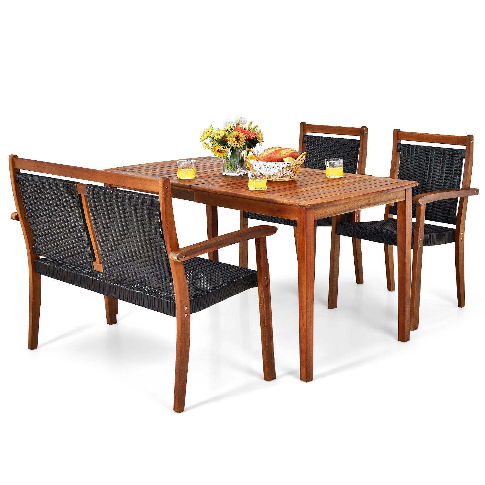 4 Pieces Acacia Wood Patio Rattan Dining Furniture Set, Brown Patio Dining Sets   at Gallery Canada