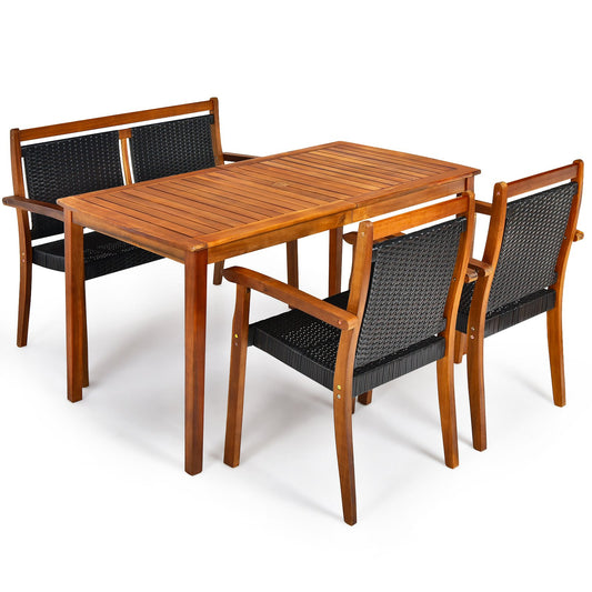 4 Pieces Acacia Wood Patio Rattan Dining Furniture Set, Brown Patio Dining Sets   at Gallery Canada