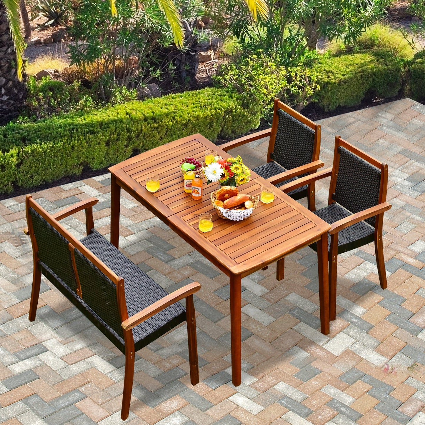 4 Pieces Acacia Wood Patio Rattan Dining Furniture Set, Brown Patio Dining Sets   at Gallery Canada