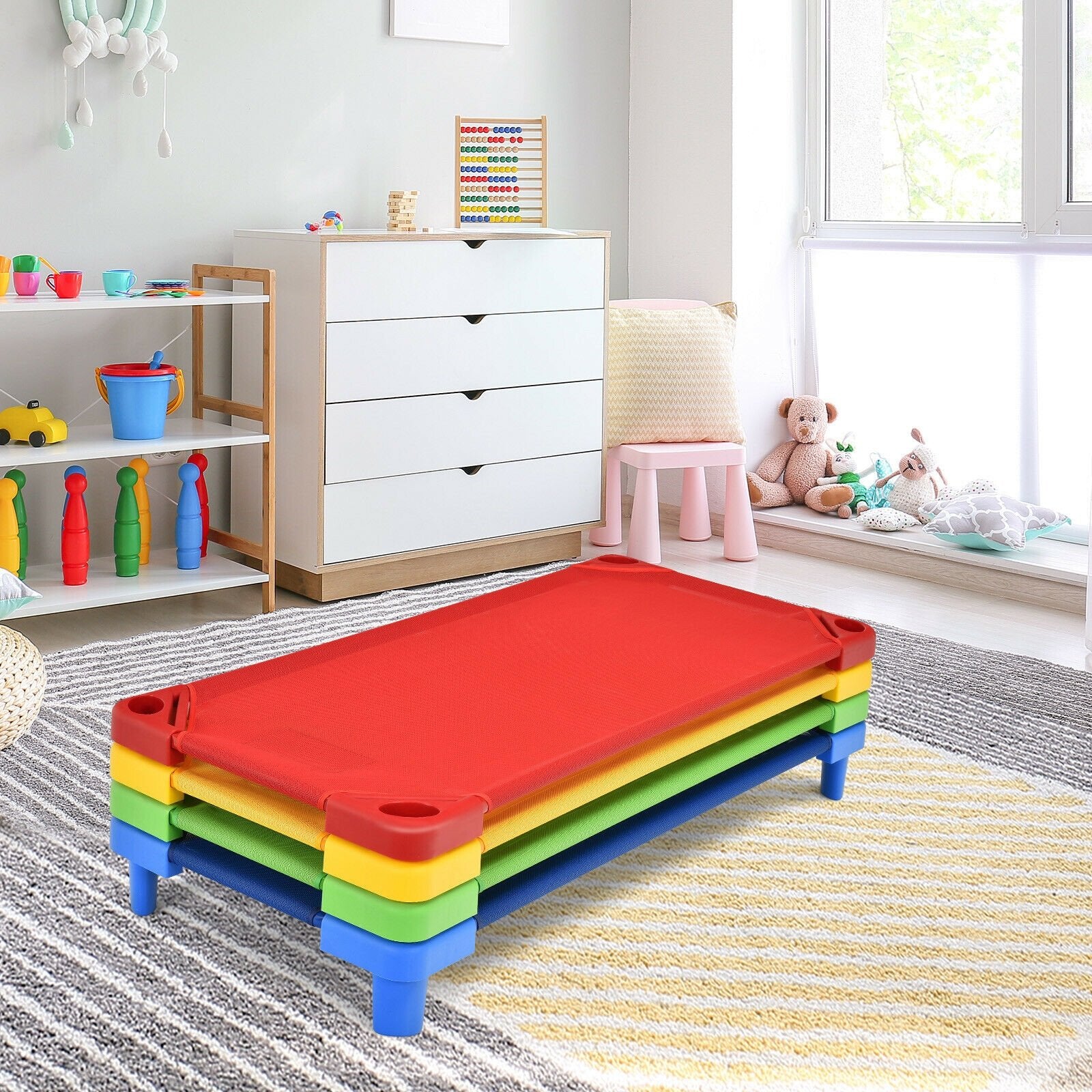 Pack of 4 Colorful Kids Stackable Naptime Cot, Multicolor Toddler Beds   at Gallery Canada