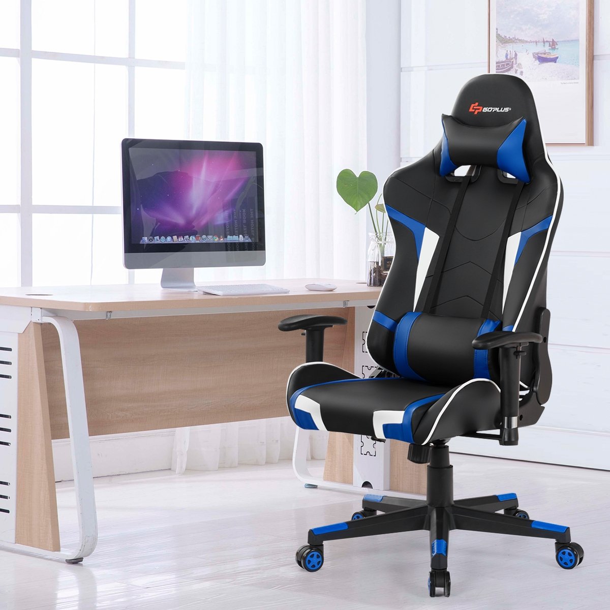 Reclining Swivel Massage Gaming Chair with Lumbar Support, Blue Gaming Chairs   at Gallery Canada