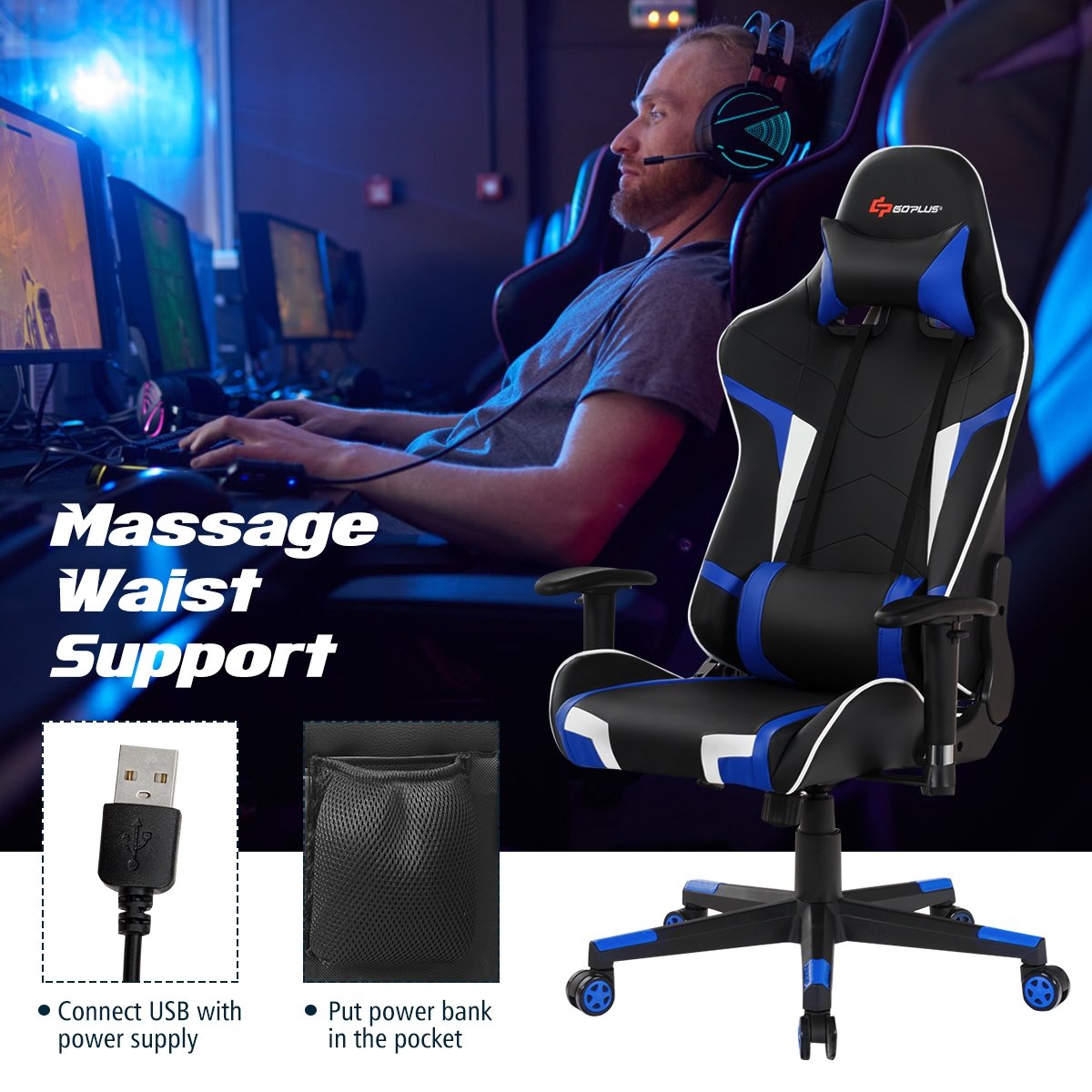 Reclining Swivel Massage Gaming Chair with Lumbar Support, Blue Gaming Chairs   at Gallery Canada