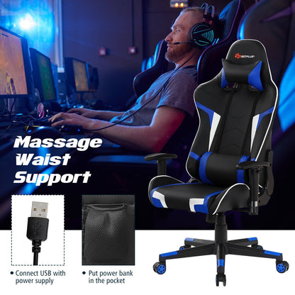 Reclining Swivel Massage Gaming Chair with Lumbar Support, Blue Gaming Chairs   at Gallery Canada