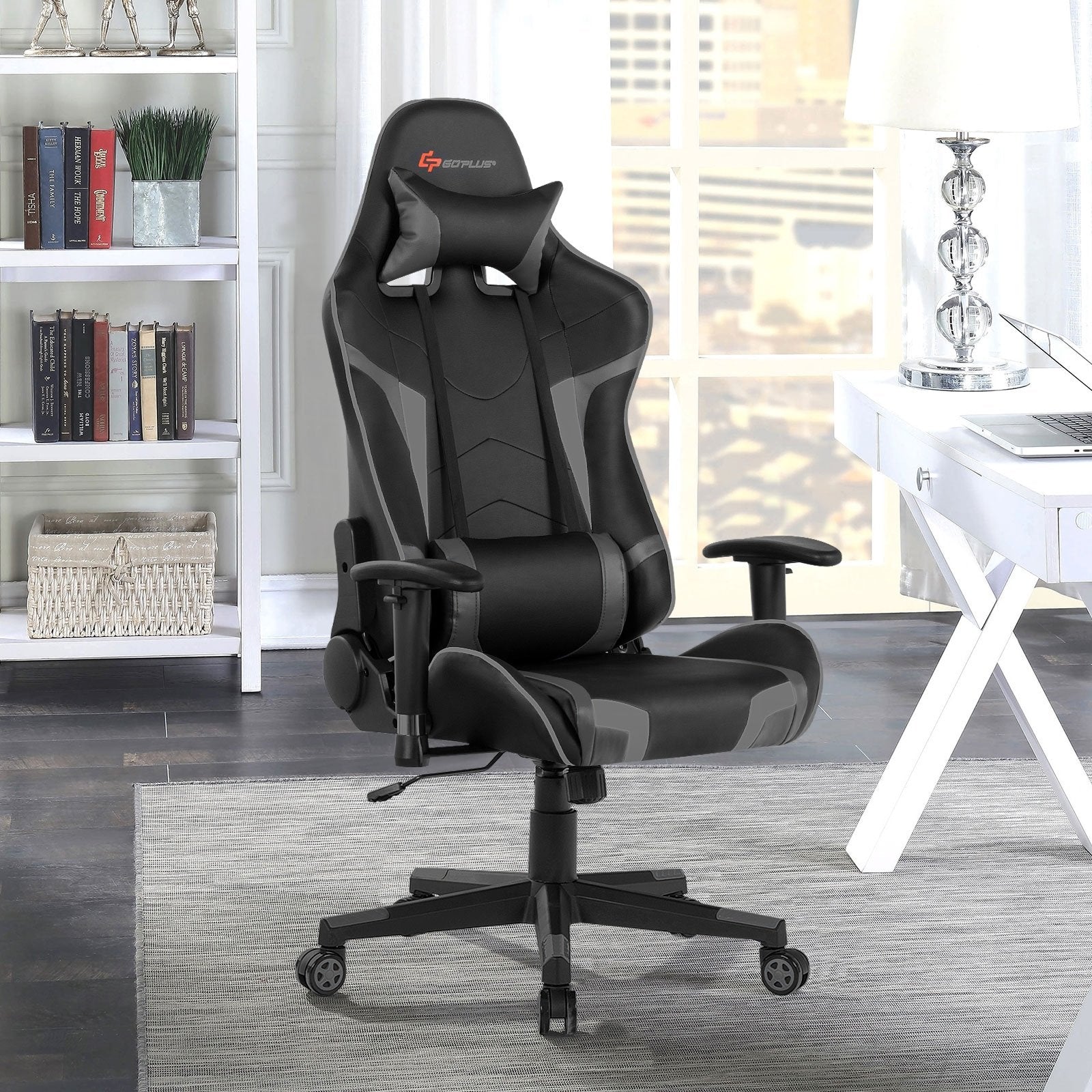 Reclining Swivel Massage Gaming Chair with Lumbar Support, Gray Gaming Chairs   at Gallery Canada