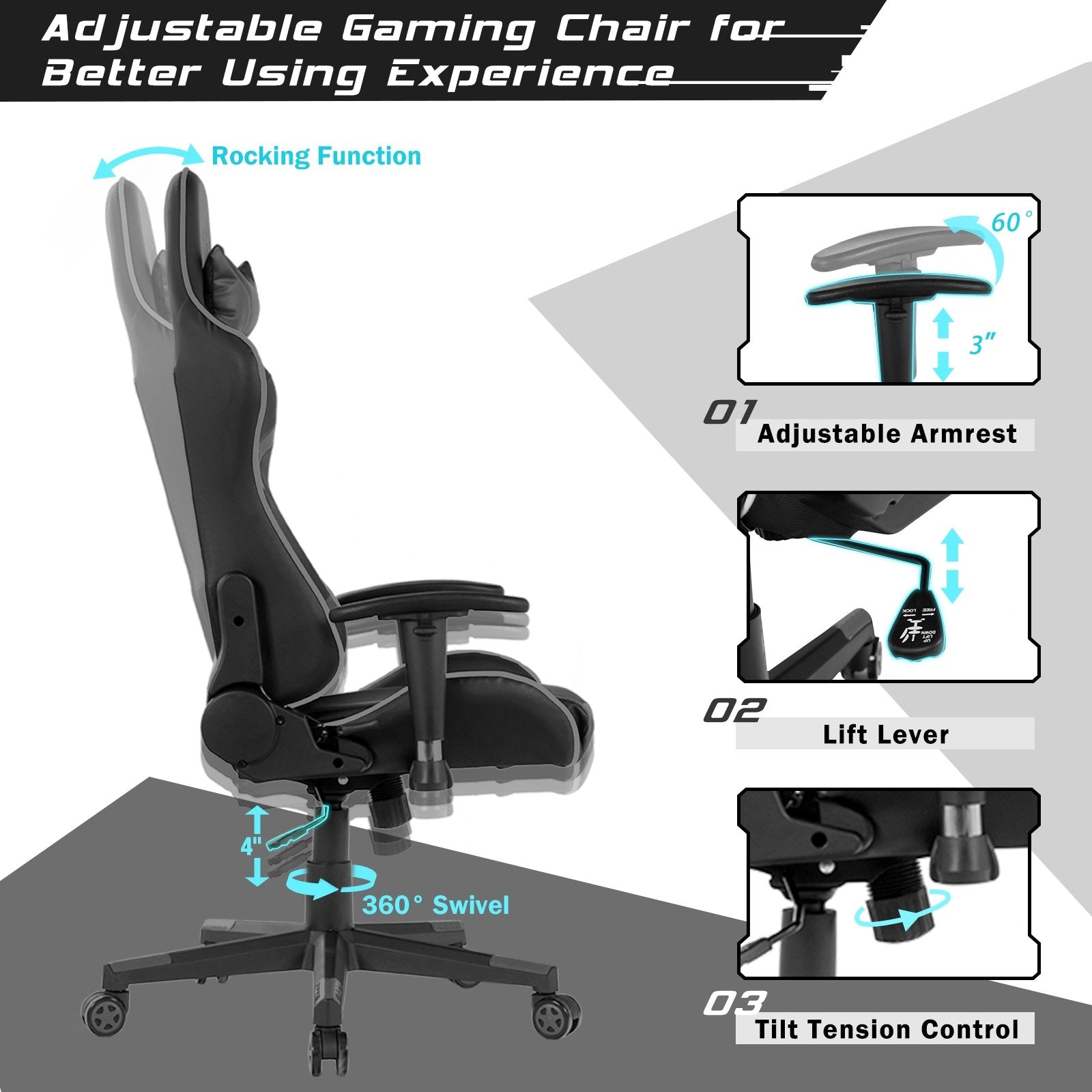 Reclining Swivel Massage Gaming Chair with Lumbar Support, Gray Gaming Chairs   at Gallery Canada