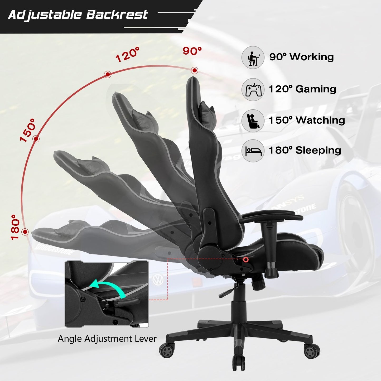 Reclining Swivel Massage Gaming Chair with Lumbar Support, Gray Gaming Chairs   at Gallery Canada